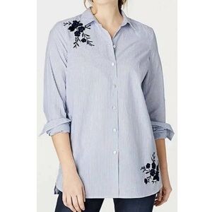 J. Jill Blue Striped Flower embroidered 💯 Cotton Blouse Sz. L